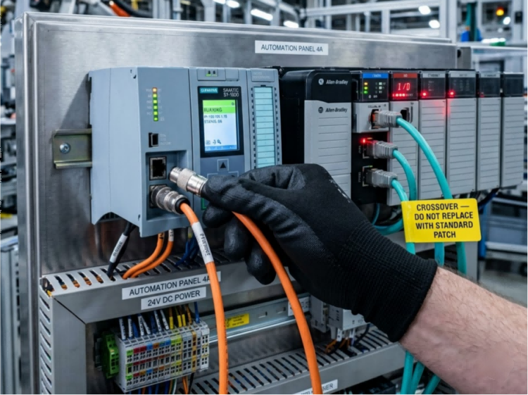 Industrial control panel featuring PLC controllers like Siemens S7-1500 and Allen-Bradley, which require deterministic Ethernet and specific crossover cables rather than relying on Auto-MDI/MDIX. Industrial control panel featuring PLC controllers like Siemens S7-1500 and Allen-Bradley, which require deterministic Ethernet and specific crossover cables rather than relying on Auto-MDI/MDIX.